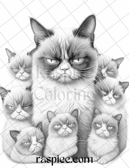 50 Grumpy Cat Grayscale Coloring Pages Printable for Adults, PDF File Instant Download
