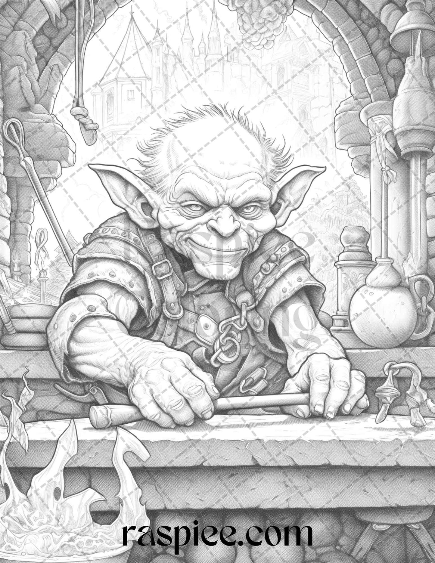 Fantasy Goblins Grayscale Coloring Pages Printable for Adults, PDF File Instant Download