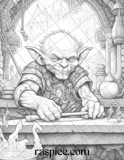 Fantasy Goblins Grayscale Coloring Pages Printable for Adults, PDF File Instant Download
