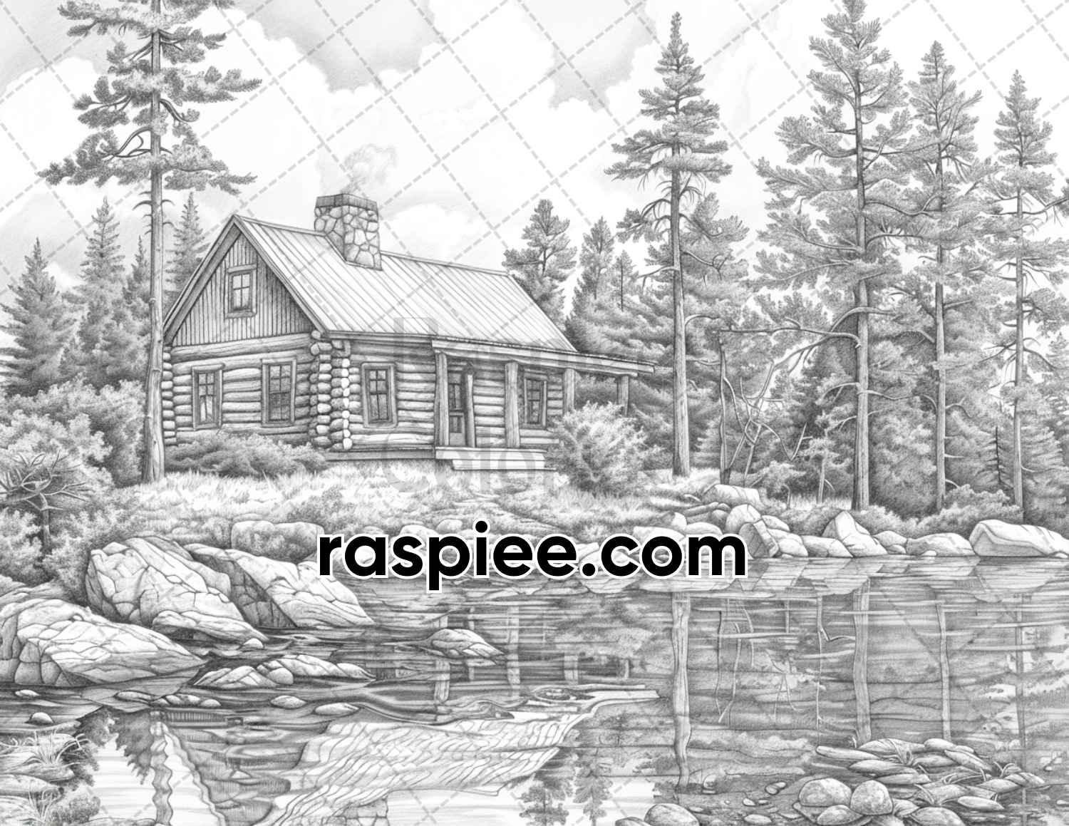 62 Serene Lakeside Cabins Grayscale Adult Coloring Pages, Printable PDF Instant Download