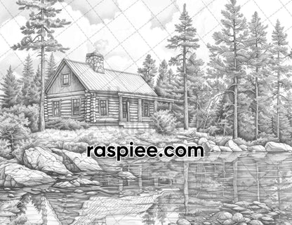 62 Serene Lakeside Cabins Grayscale Adult Coloring Pages, Printable PDF Instant Download