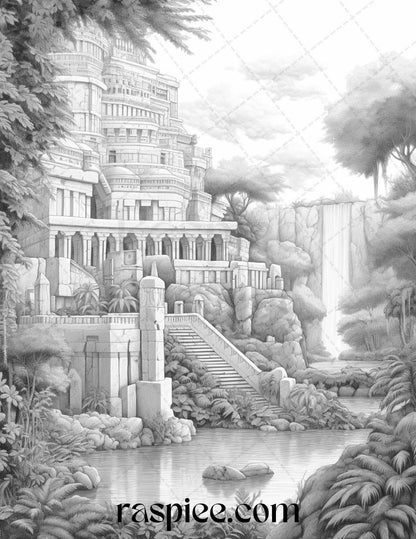 Hanging Gardens of Babylon Grayscale Coloring Pages Printable, PDF File Instant Download