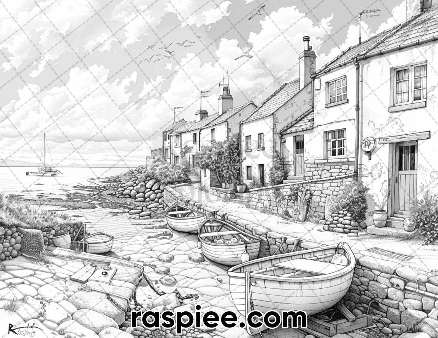 65 Coastal Landscapes Grayscale Adult Coloring Pages, Printable PDF Instant Download