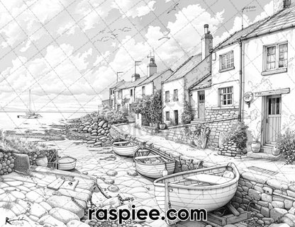 65 Coastal Landscapes Grayscale Adult Coloring Pages, Printable PDF Instant Download