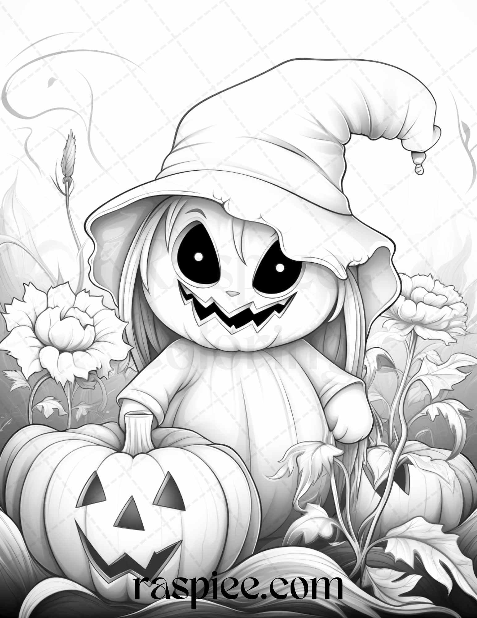 50 Halloween Cute Ghosts Grayscale Coloring Printable for Adults Kids, PDF File Instant Download
