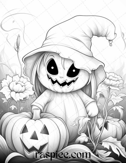 50 Halloween Cute Ghosts Grayscale Coloring Printable for Adults Kids, PDF File Instant Download