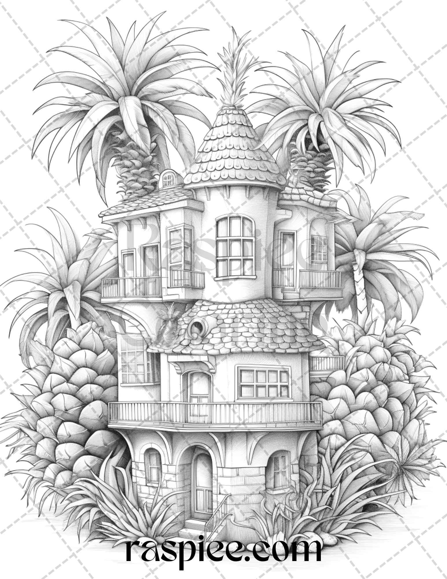 50 Pineapple Houses Grayscale Coloring Pages Printable for Adults, PDF File Instant Download
