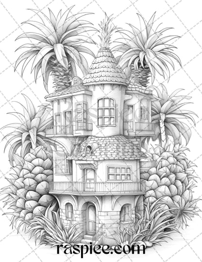 50 Pineapple Houses Grayscale Coloring Pages Printable for Adults, PDF File Instant Download