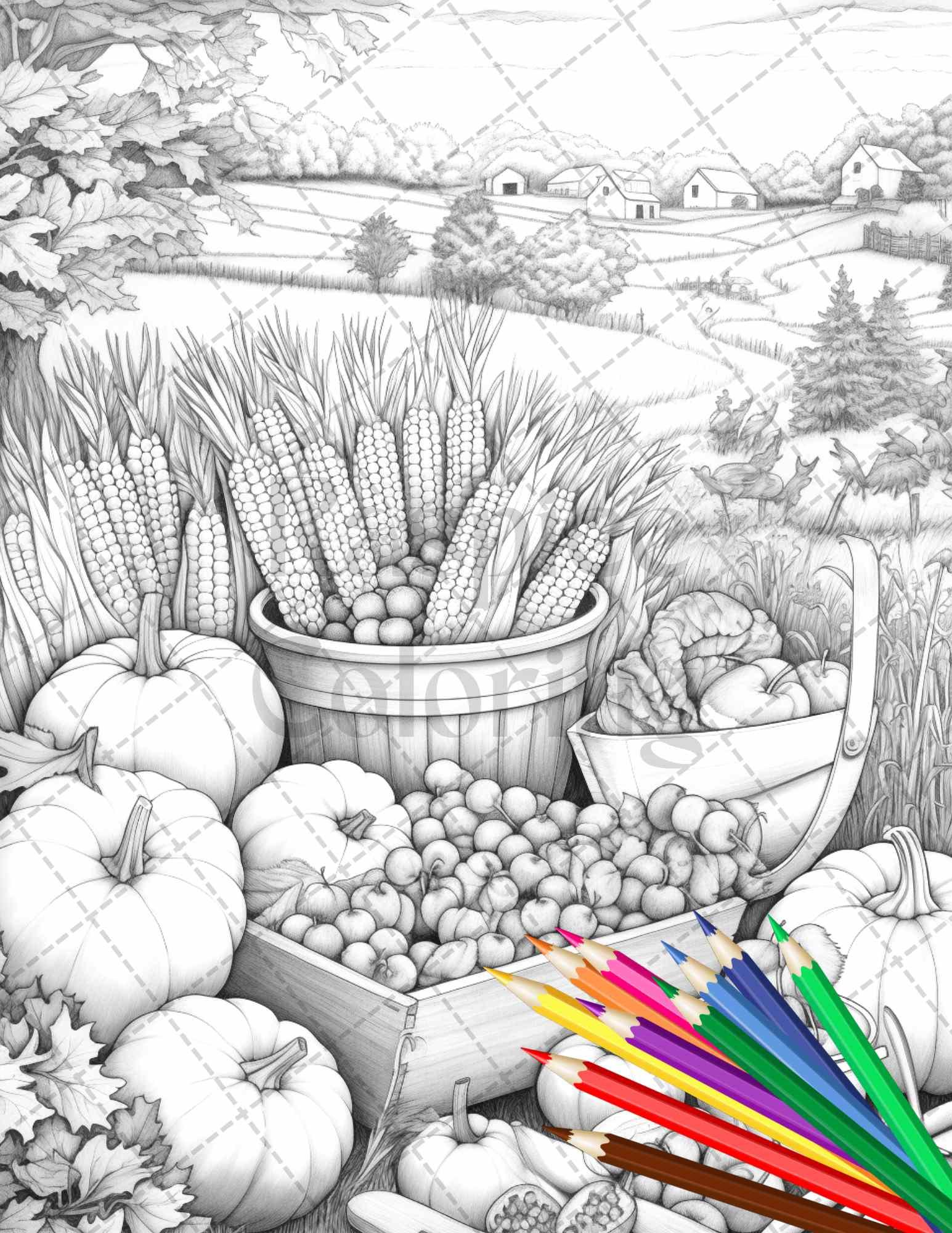 Autumn Harvest Grayscale Coloring Pages Printable for Adults, Relaxing Fall Themed Art, PDF File Instant Download