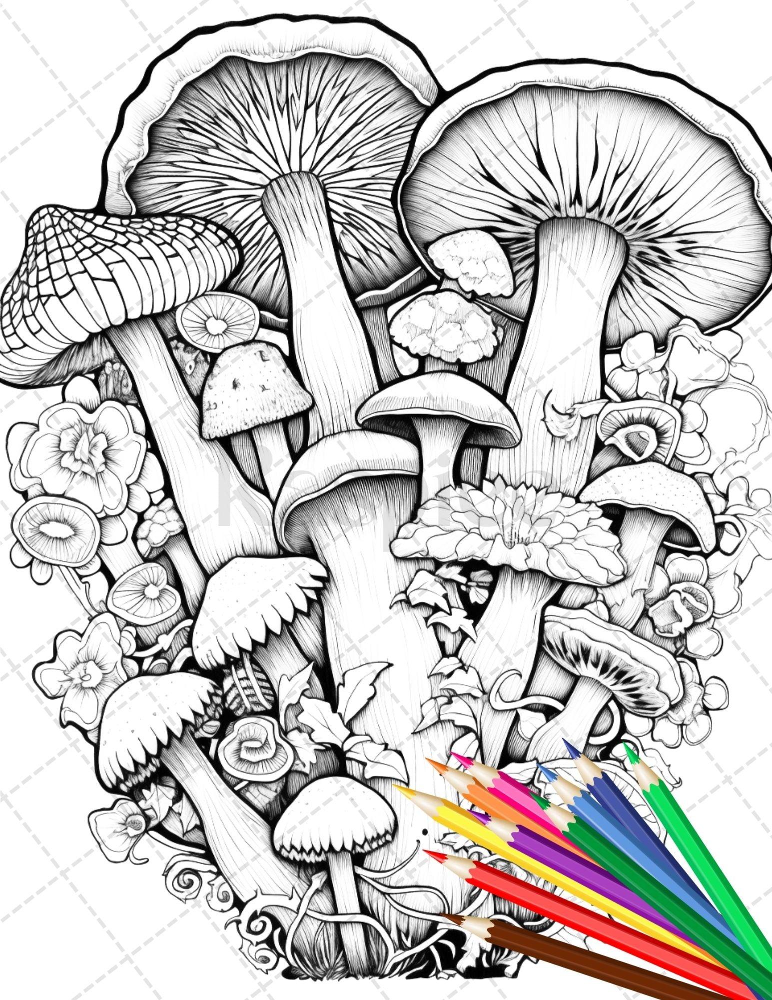Psychedelic Mushroom Forest Coloring Book Printable for Adults, Trippy Grayscale Coloring Page, PDF File Instant Download