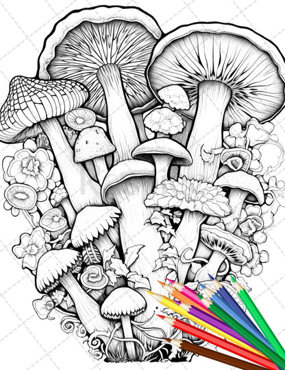 Psychedelic Mushroom Forest Coloring Book Printable for Adults, Trippy Grayscale Coloring Page, PDF File Instant Download