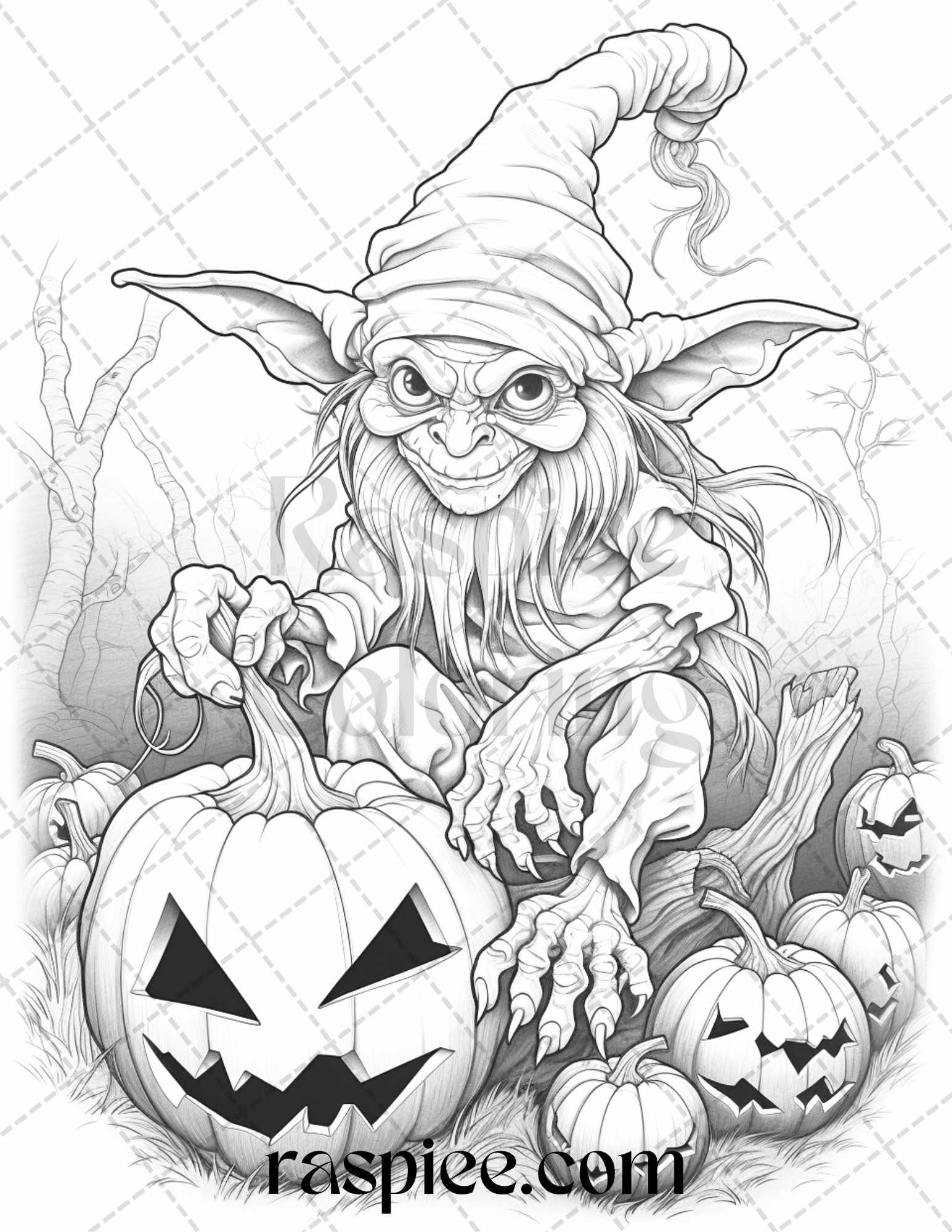 50 Halloween Goblin Grayscale Coloring Pages Printable for Adults, PDF File Instant Download
