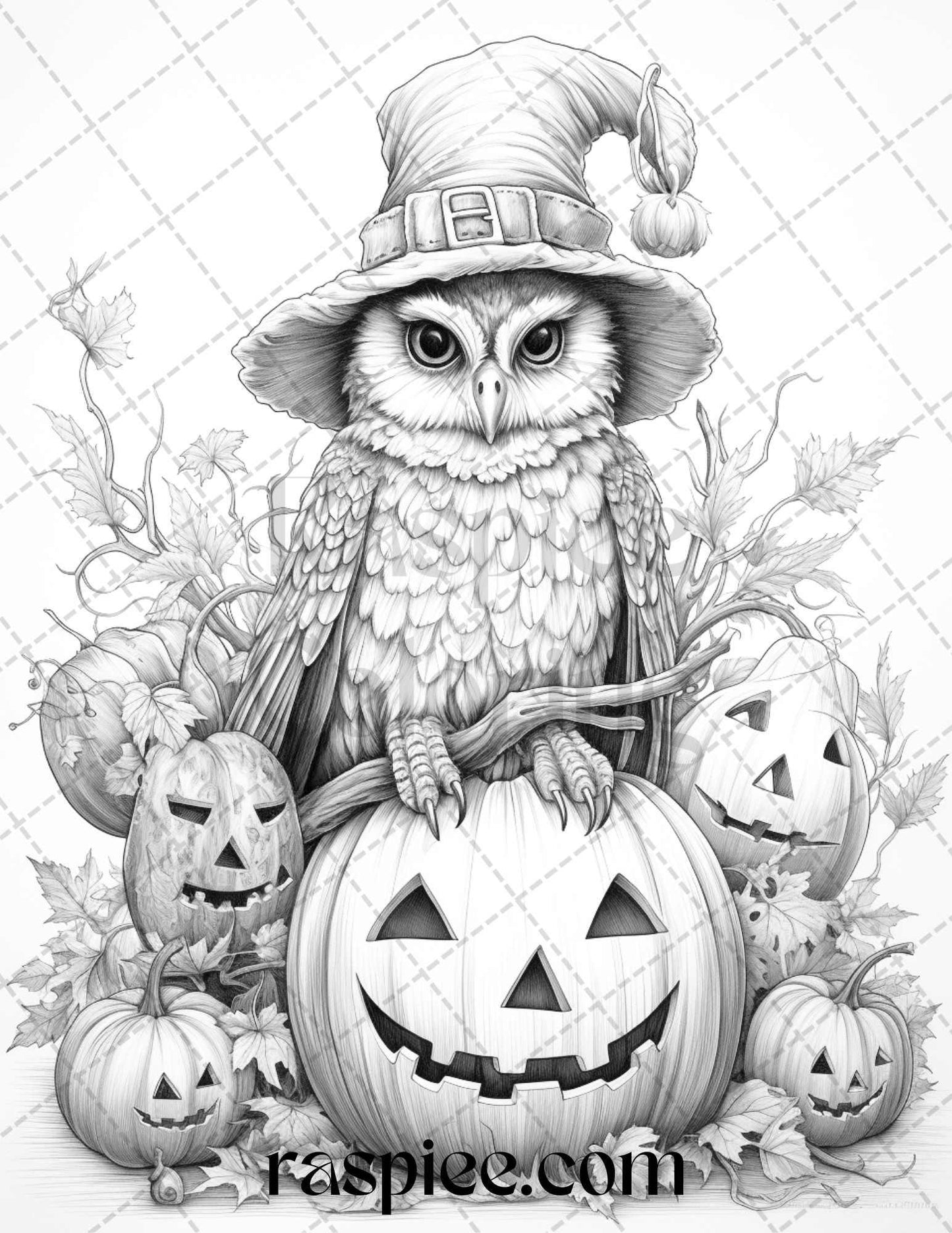 Halloween Witch Owl Grayscale Coloring Pages for Adults and Kids, Printable PDF Instant Download