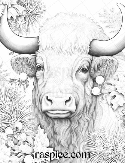 70 Christmas Animals Grayscale Coloring Pages Printable for Adults, PDF File Instant Download