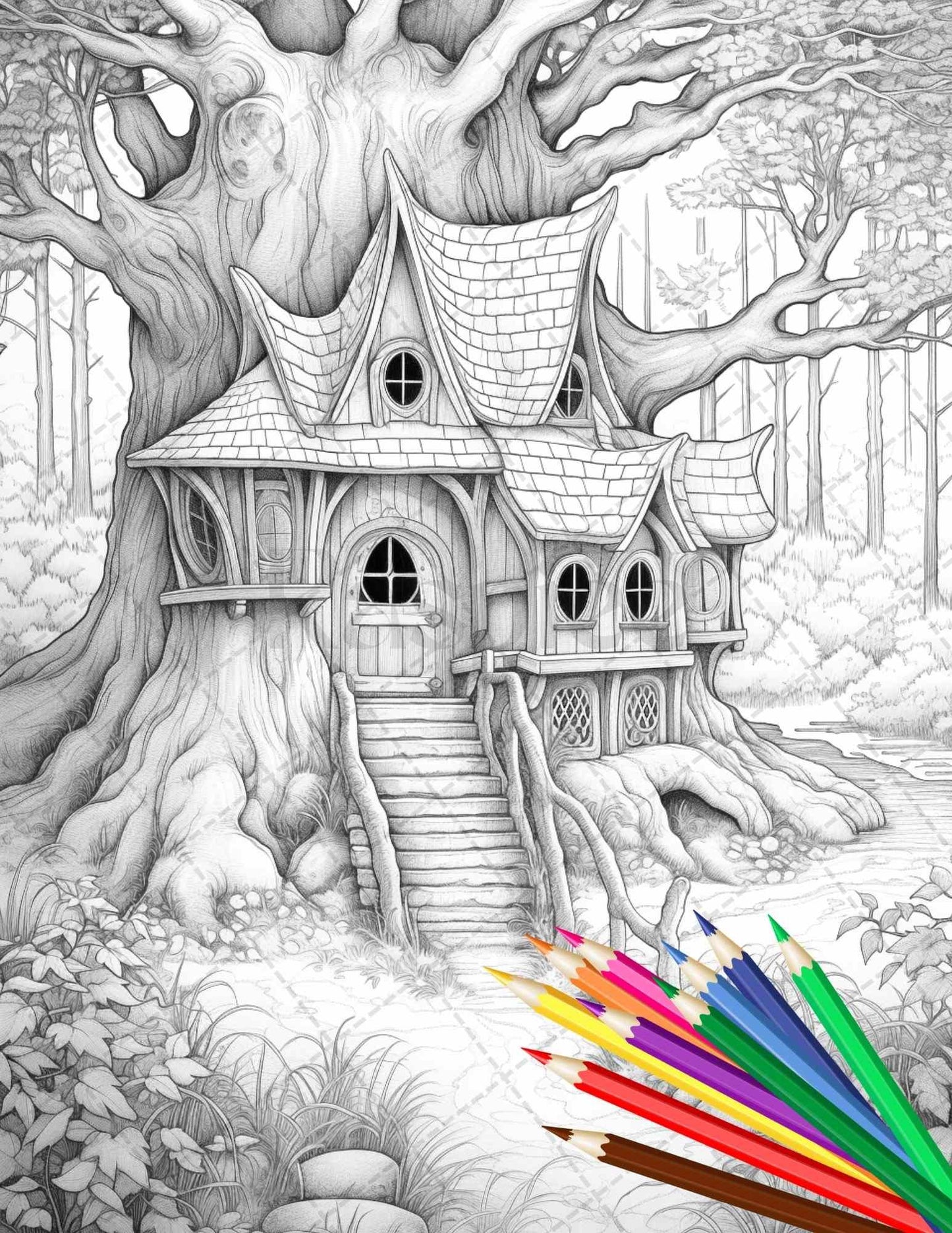 63 Winter Fairy Houses Grayscale Coloring Pages Printable for Adults, PDF File Instant Download