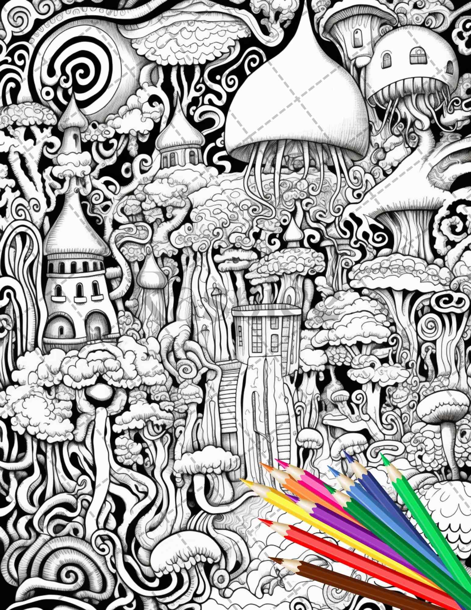 Psychedelic Trippy Coloring Book Printable for Adults, Grayscale Coloring Page, PDF File Instant Download