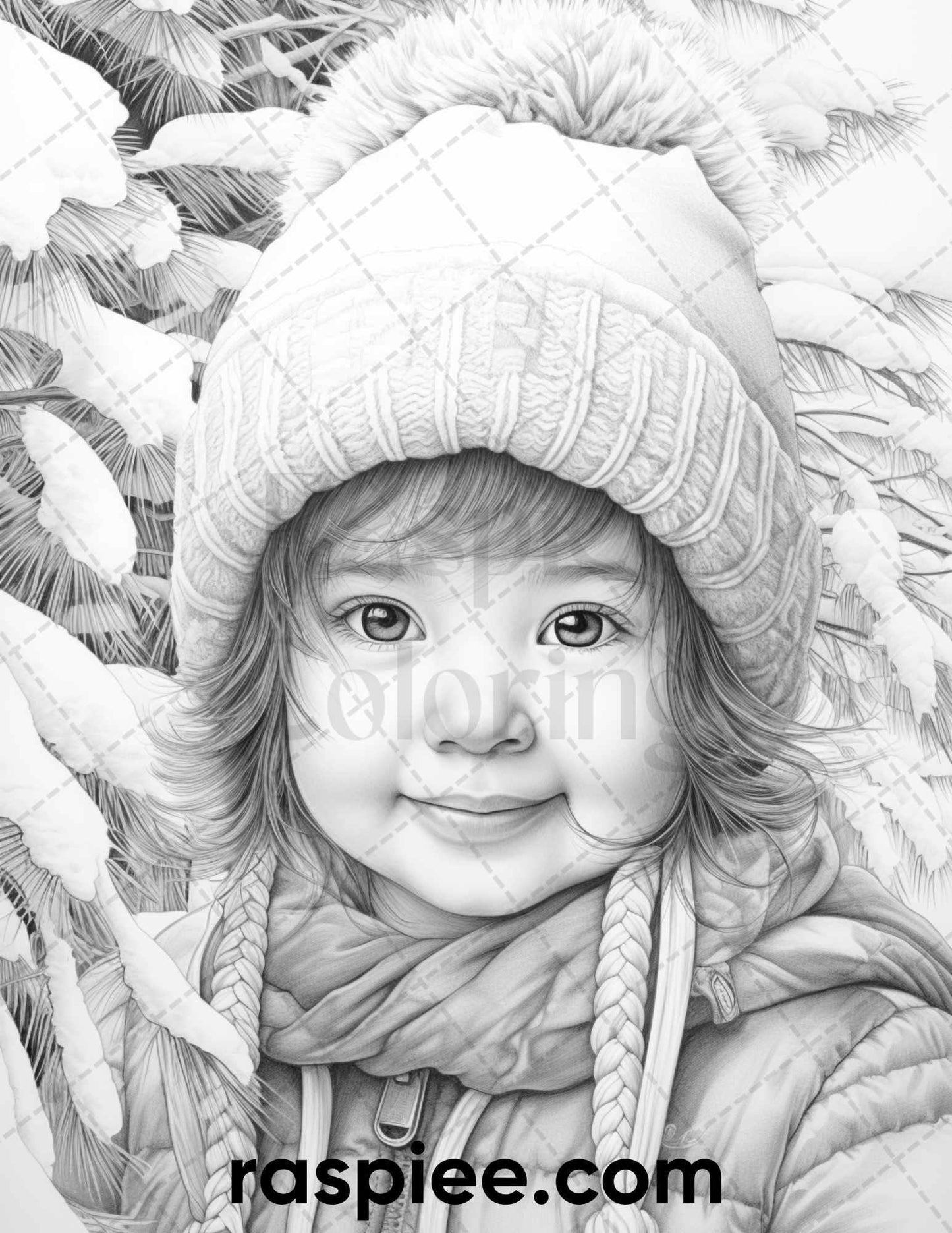 50 Baby Winter Portrait Grayscale Coloring Pages Printable for Adults, PDF File Instant Download
