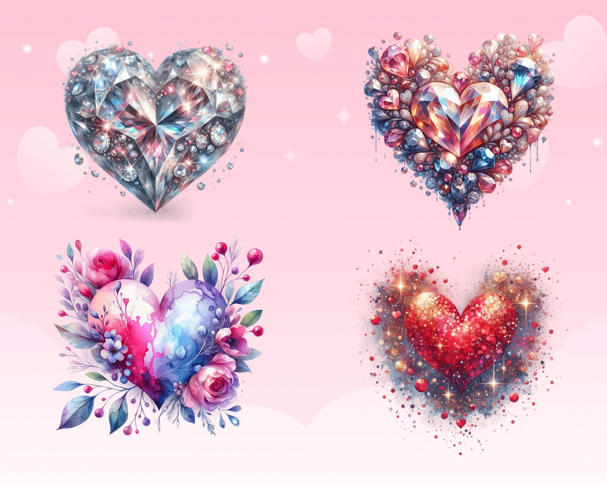 Romantic Valentine Heart Clipart Bundle, 52 PNG High-Res Files for Commercial Use and DIY Projects