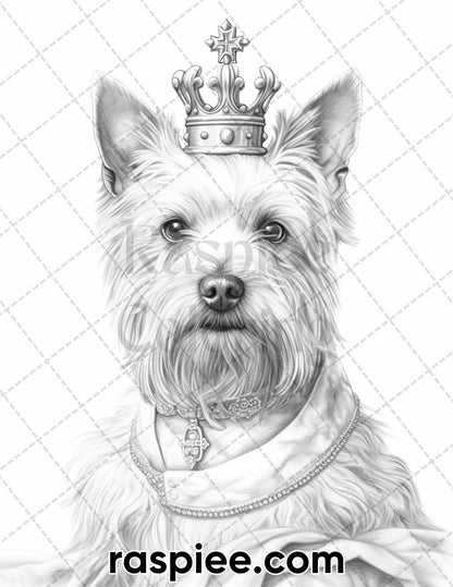 50 Royal King Dog Grayscale Coloring Pages for Adults, Printable PDF Instant Download
