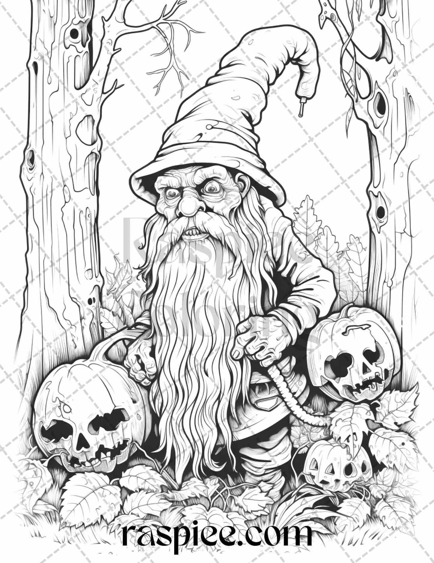 50 Horror Zombie Gnomes Grayscale Coloring Pages Printable for Adults, PDF File Instant Download