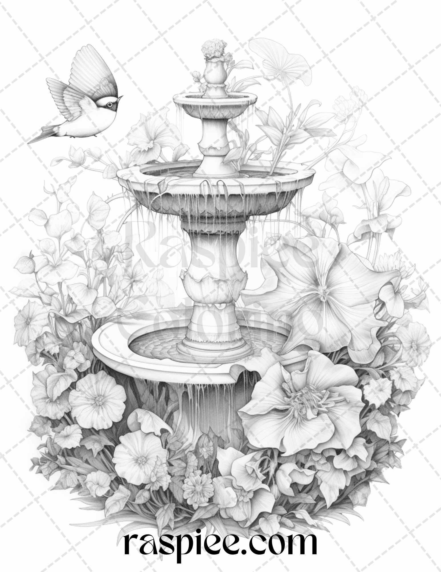 32 Blooming Fountains Grayscale Coloring Pages Printable for Adults, PDF File Instant Download