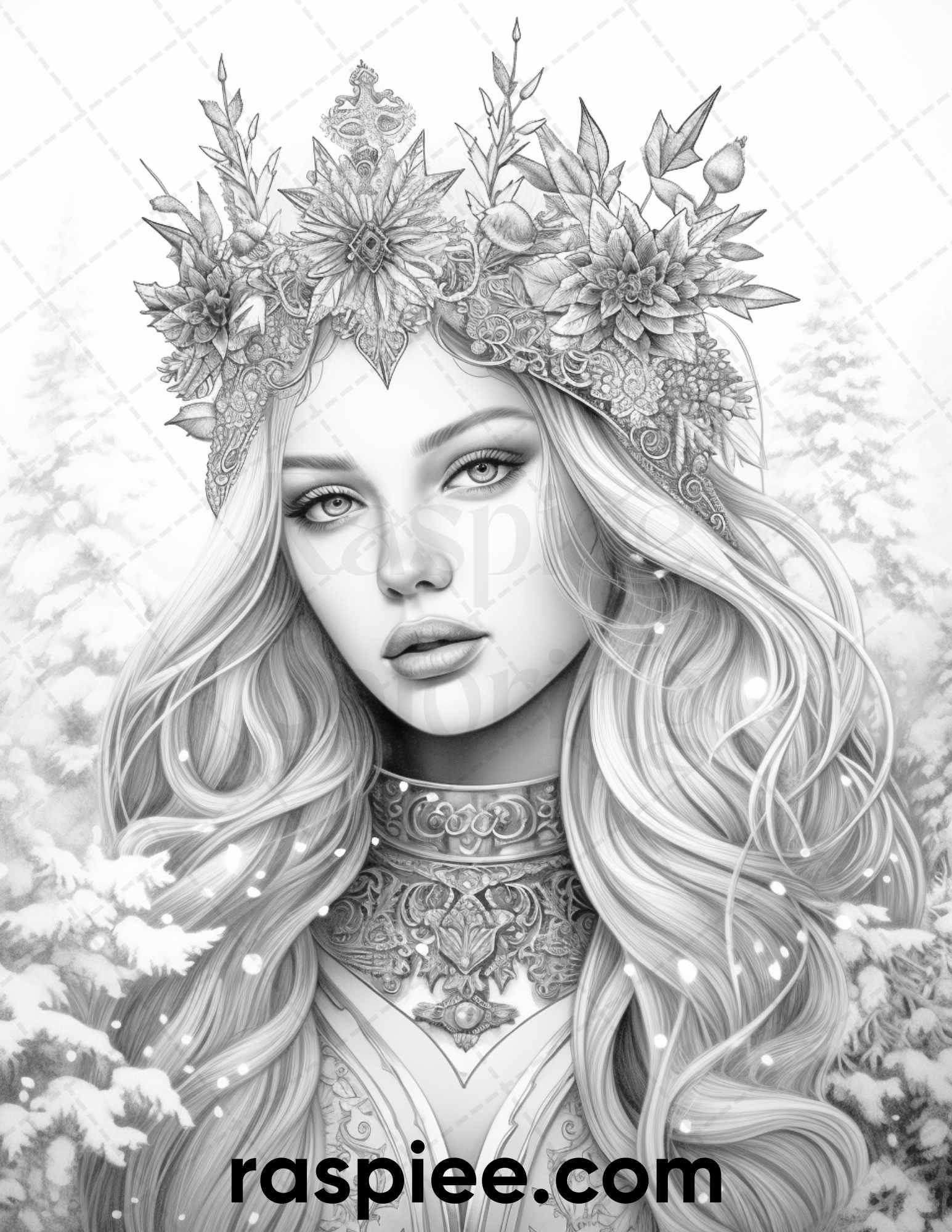 50 Winter Queens Portrait Grayscale Coloring Pages Printable for Adults, PDF File Instant Download
