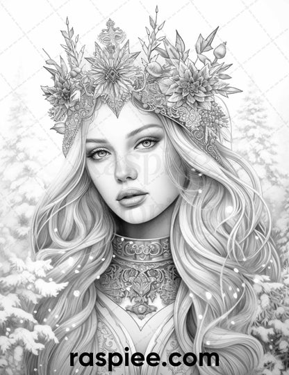 50 Winter Queens Portrait Grayscale Coloring Pages Printable for Adults, PDF File Instant Download