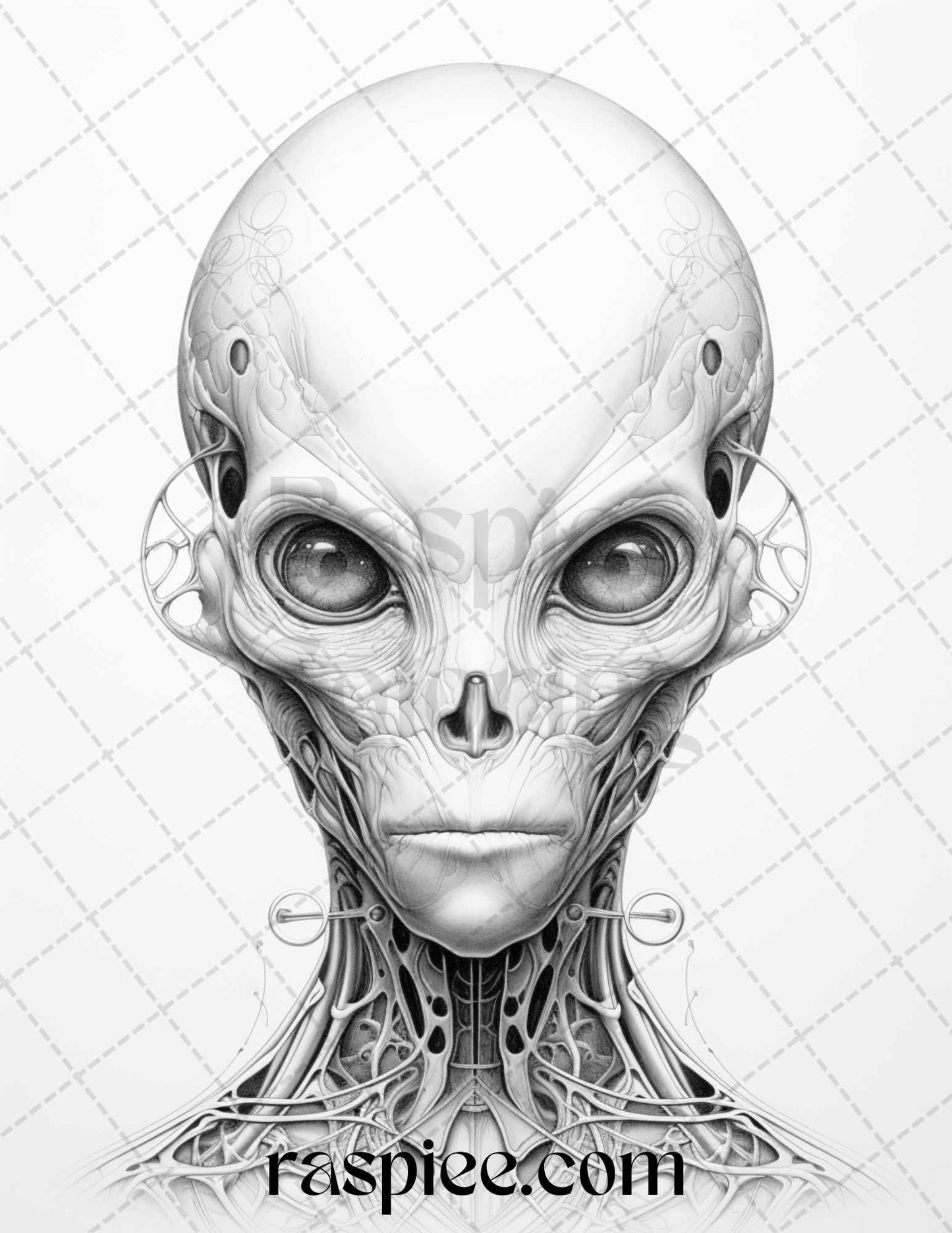 65 Alien Portrait Grayscale Coloring Pages for Adults, Printable PDF File Instant Download
