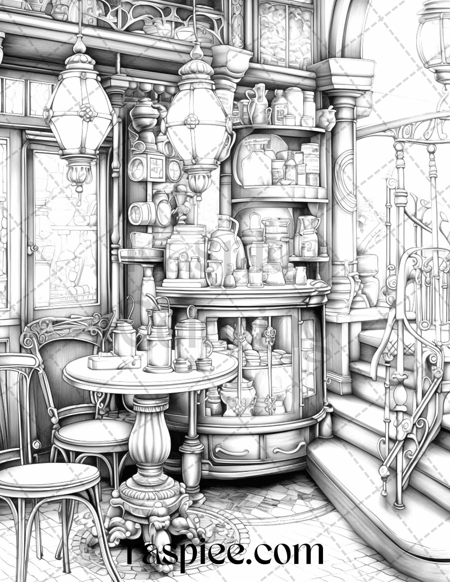 50 Cozy Coffee Shop Grayscale Coloring Pages Printable for Adults, PDF File Instant Download