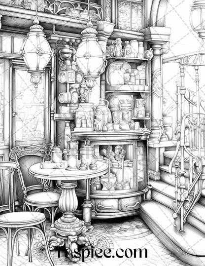 50 Cozy Coffee Shop Grayscale Coloring Pages Printable for Adults, PDF File Instant Download