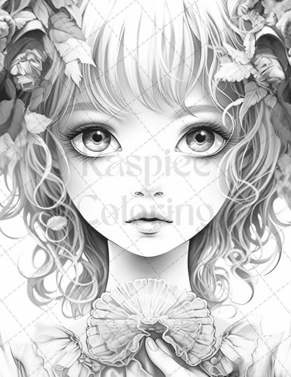 60 Adorable Gothic Girls Grayscale Coloring Pages Printable for Adults, PDF File Instant Download