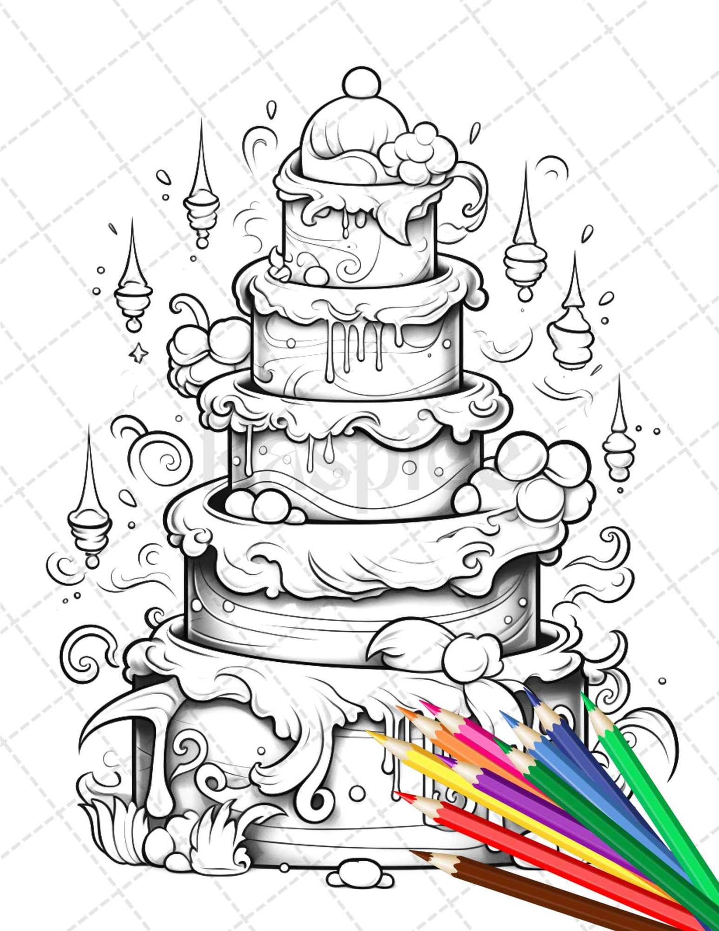 38 Whimsical Cakes Grayscale Coloring Pages for Adults, PDF File Instant Download