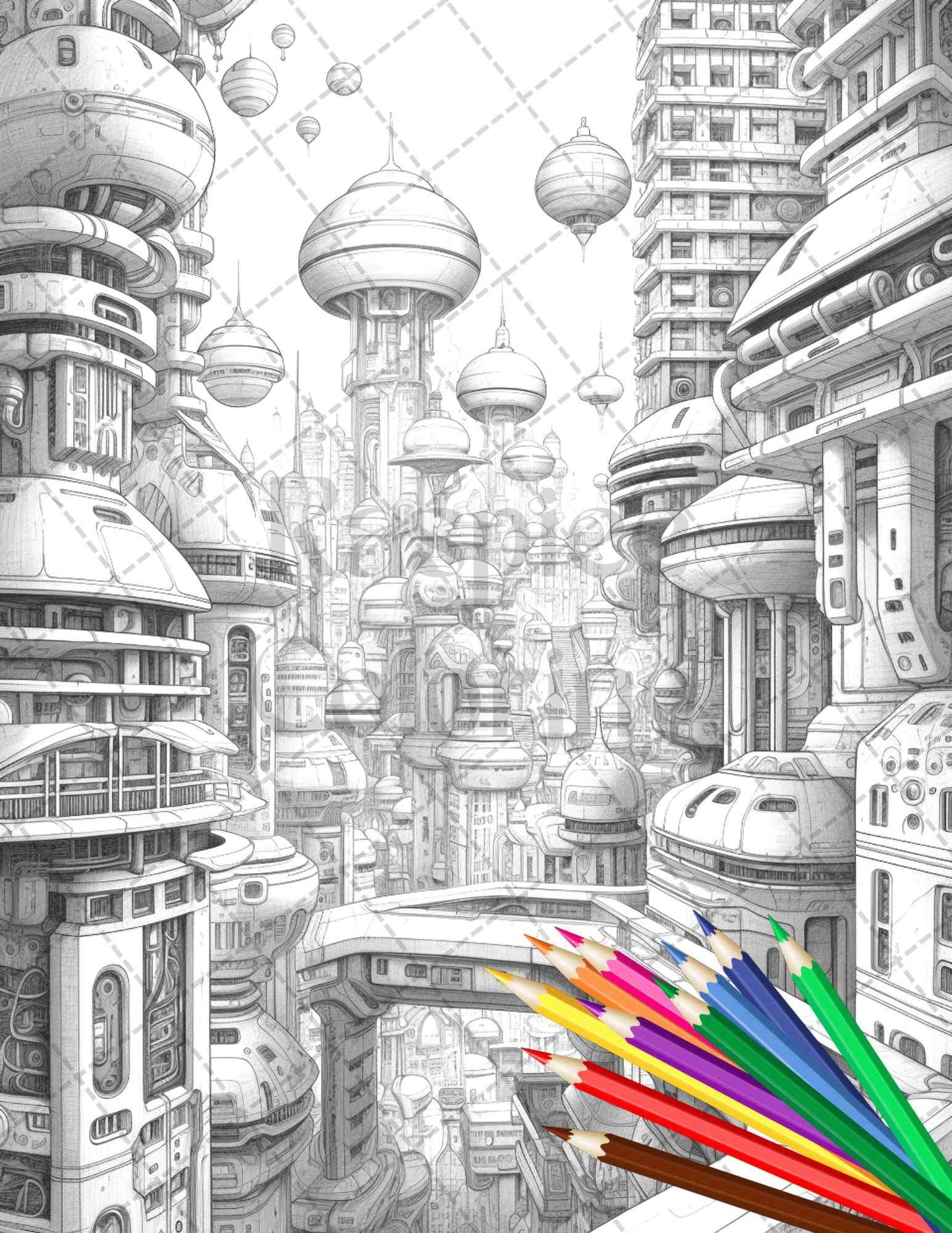 50 Futuristic Metropolis Grayscale Coloring Pages Printable for Adults, PDF File Instant Download