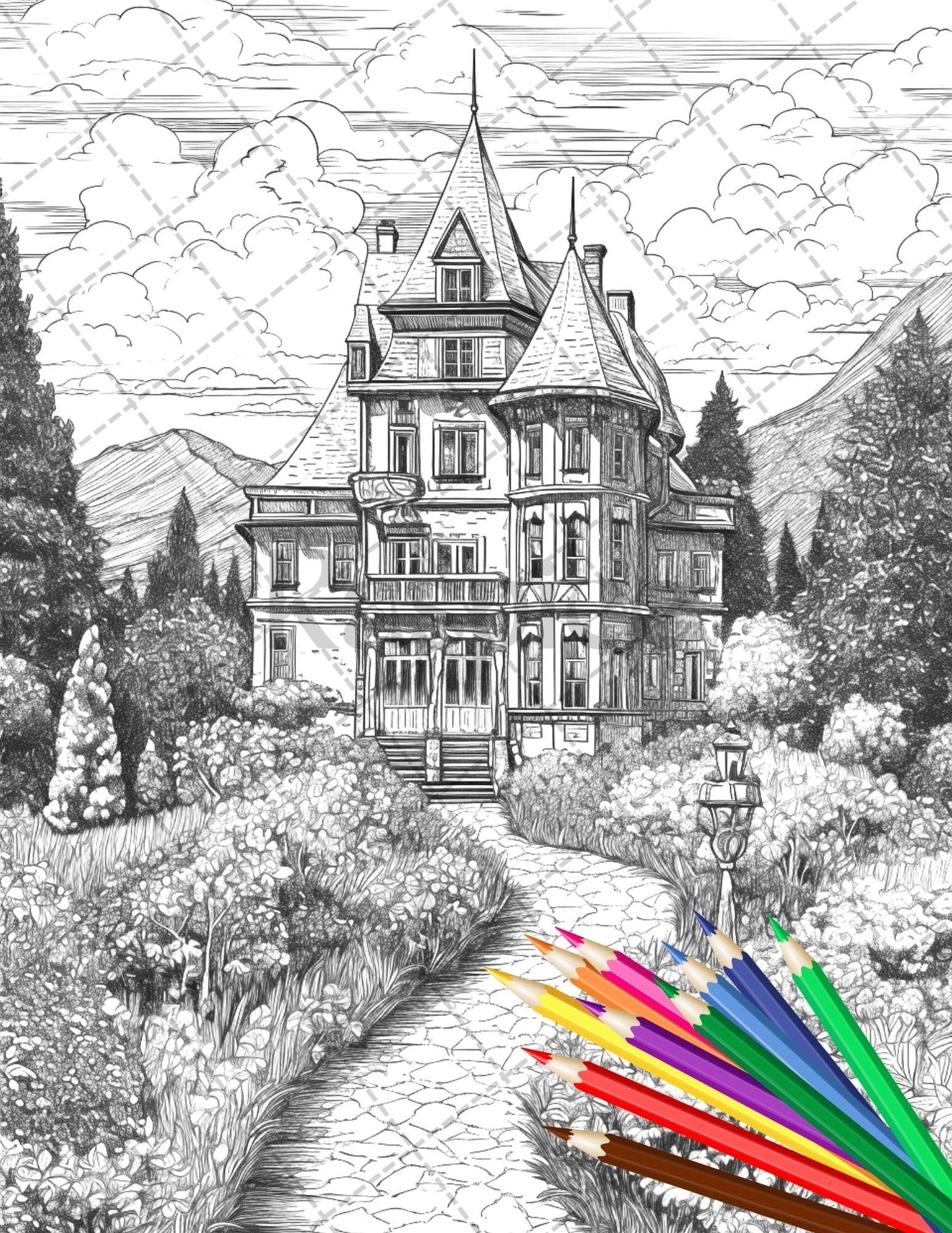 122 Fantasy Castles Coloring Book for Adults, Grayscale Coloring Page, Printable PDF Instant Download