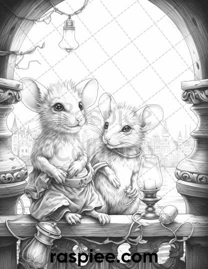 50 Enchanting Fairytale Mice Grayscale Coloring Pages Printable for Adults, PDF File Instant Download