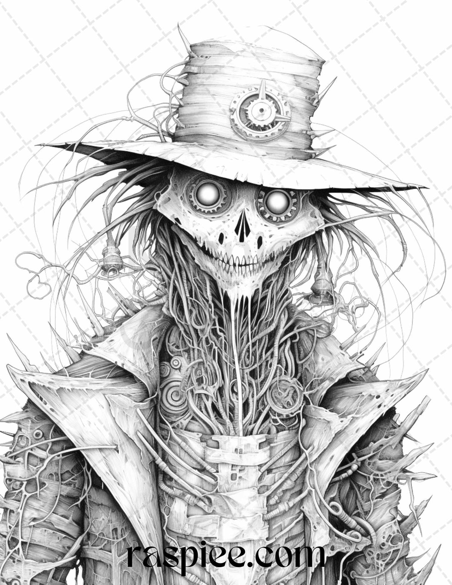 53 Scary Steampunk Scarecrows Grayscale Coloring Pages Printable for Adults, PDF File Instant Download