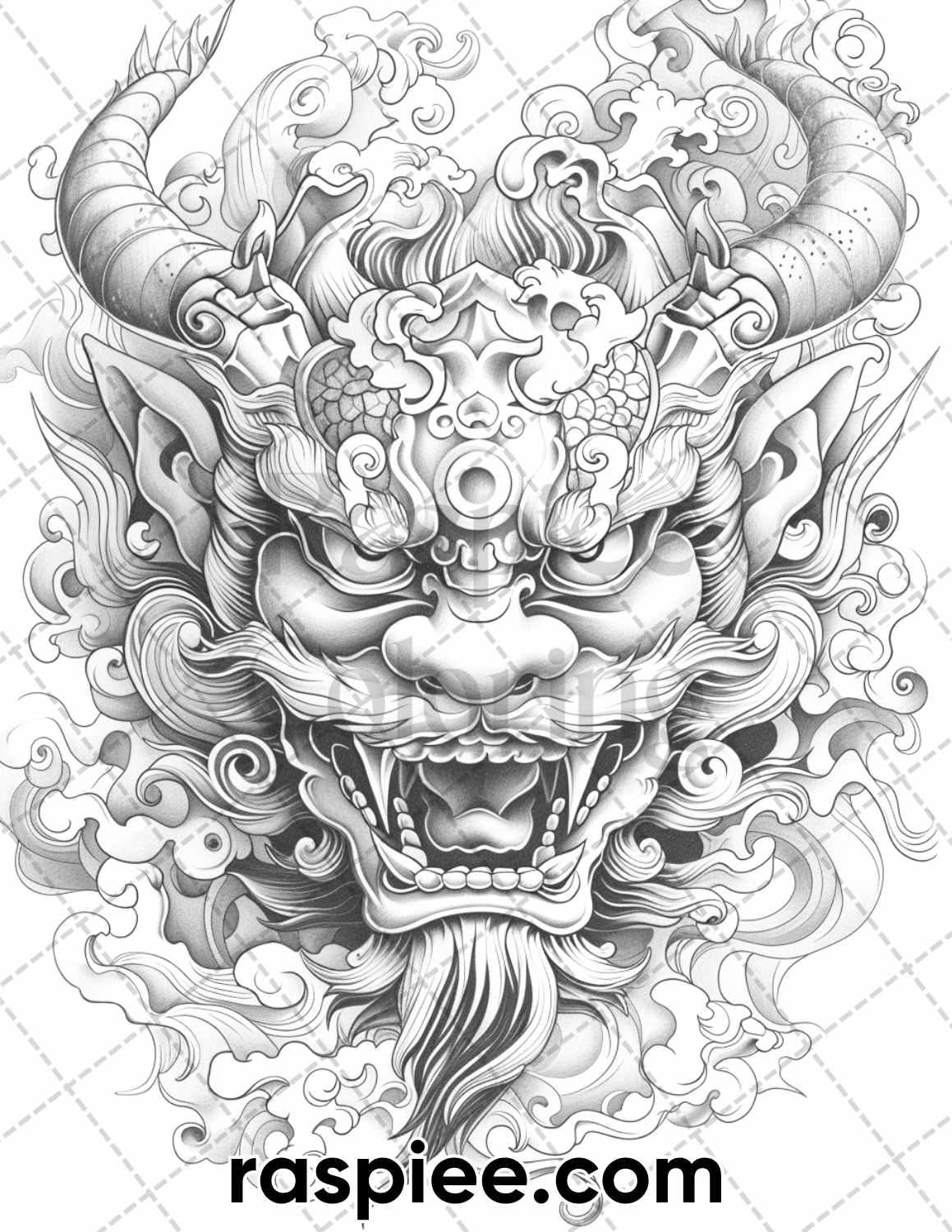 60 Traditional Japanese Tattoos Grayscale Adult Coloring Pages, Printable PDF Instant Download