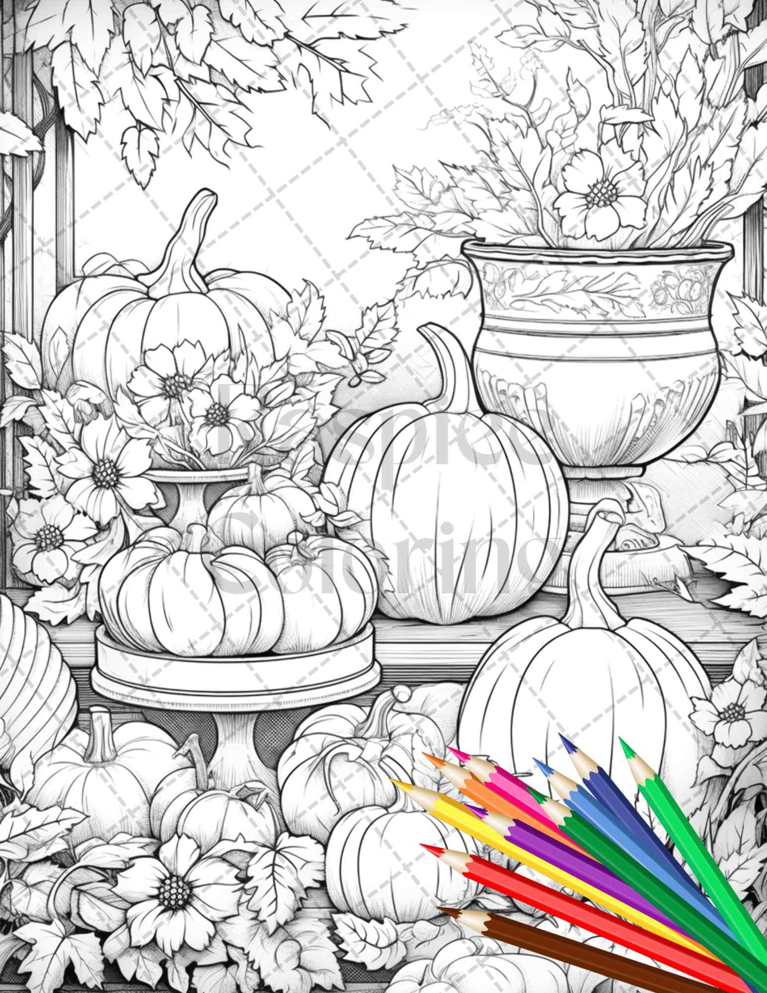 Pumpkin Garden Scenery Grayscale Coloring Pages Printable for Adults, PDF File Instant Download