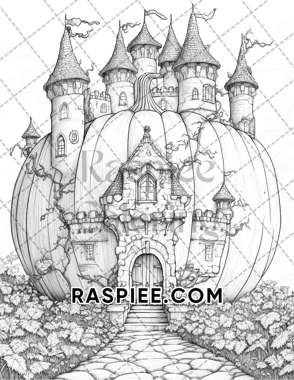 Fantasy Giant Pumpkin Castles Adult Coloring Pages Printable PDF Instant Download