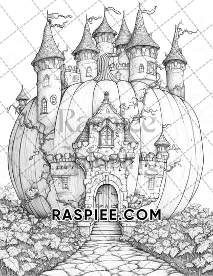 Fantasy Giant Pumpkin Castles Adult Coloring Pages Printable PDF Instant Download