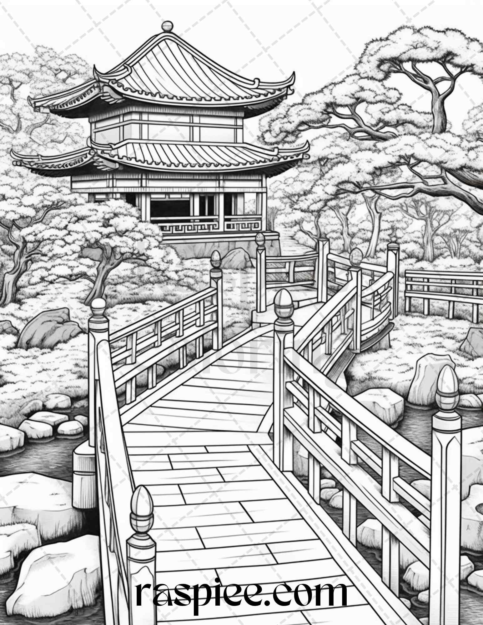 Japanese Garden Grayscale Coloring Pages Printable for Adults, PDF File Instant Download