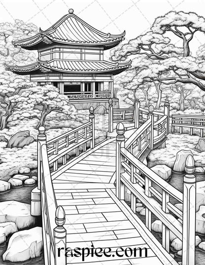 Japanese Garden Grayscale Coloring Pages Printable for Adults, PDF File Instant Download