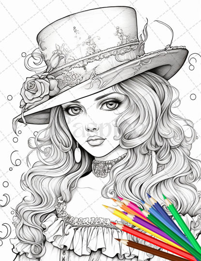 36 Beautiful Victorian Girls Coloring Pages Printable for Adults, Grayscale Coloring Page, PDF File Instant Download