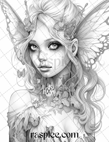 60 Halloween Zombie Fairy Grayscale Coloring Pages Printable for Adults, PDF File Instant Download