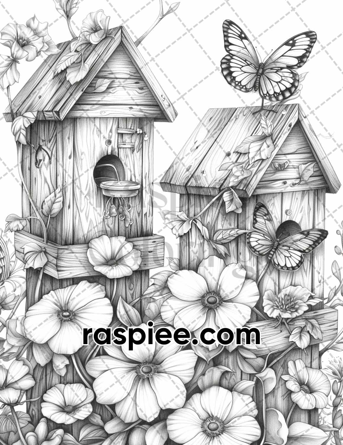 70 Enchanted Birdhouses Grayscale Adult Coloring Pages, Printable PDF Instant Download