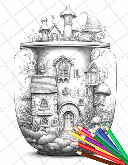Fairy House in Jar Grayscale Coloring Pages Printable for Adults, PDF File Instant Download