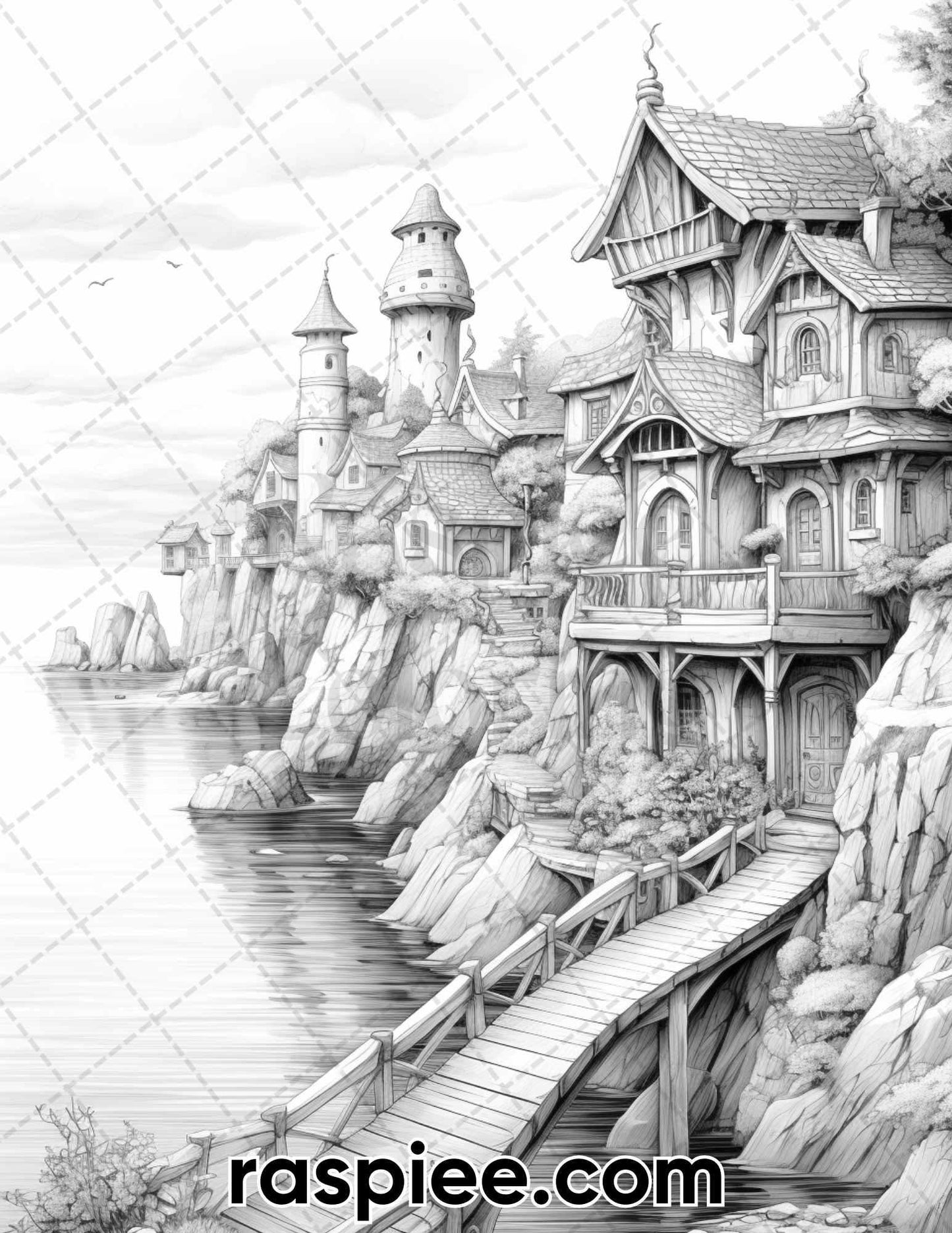 50 Fairy Beach Houses Grayscale Coloring Pages for Adults, Printable PDF Instant Download