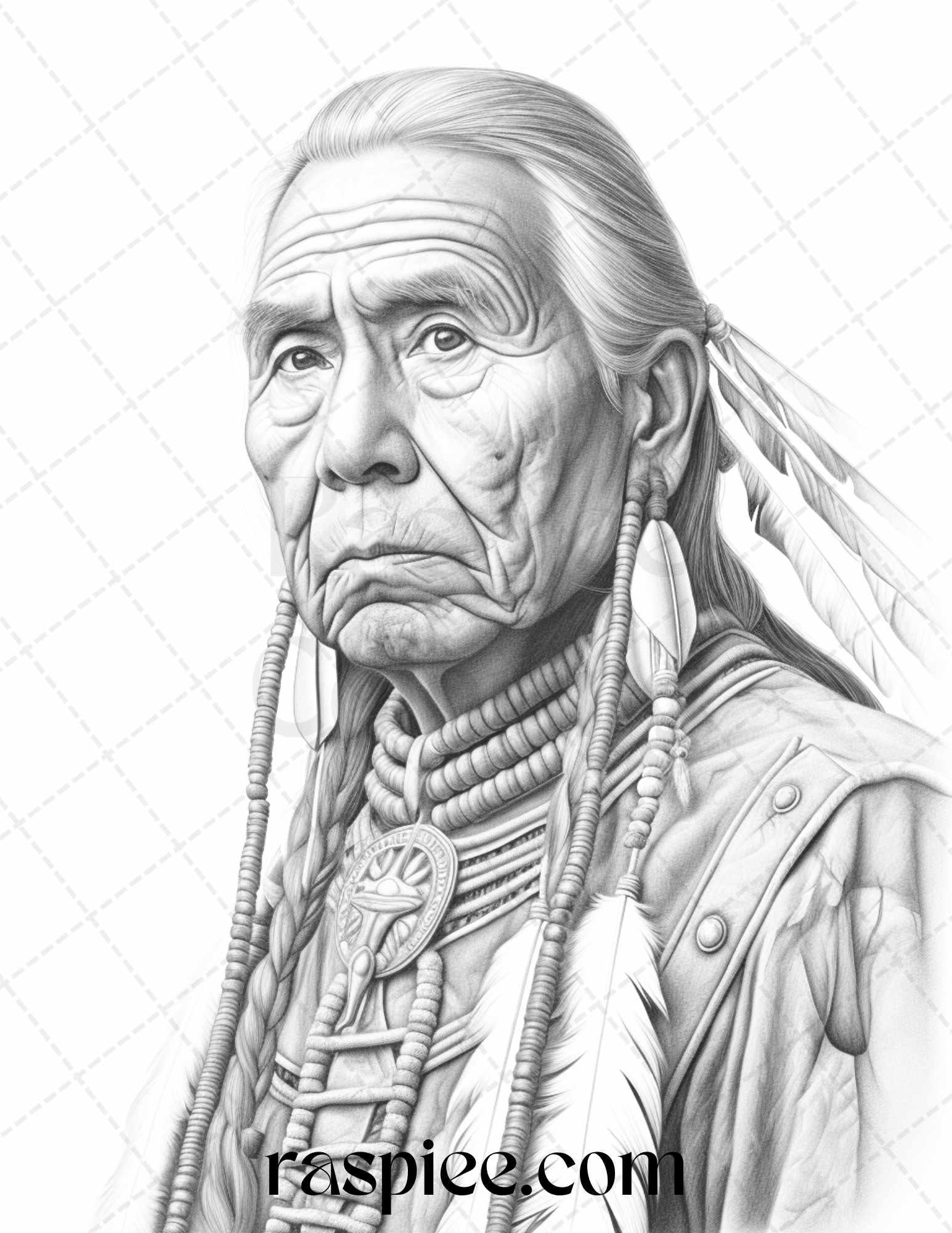 Native American Portrait Grayscale Coloring Pages Printable for Adults, PDF File Instant Download