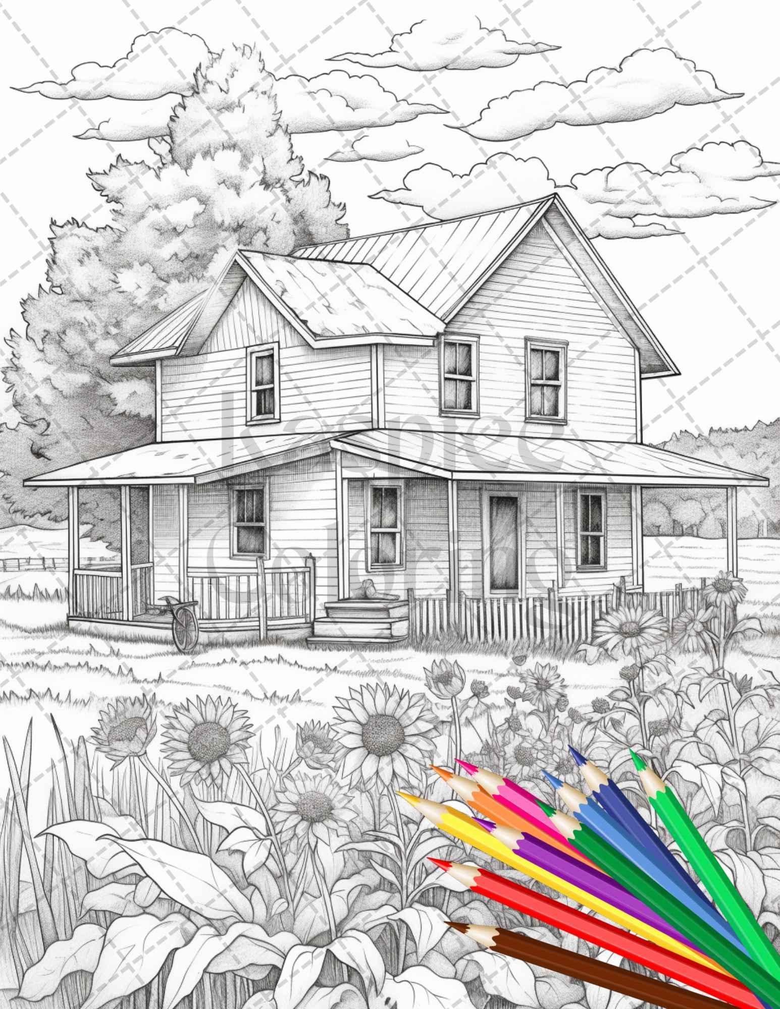 Charming Farmhouse Scenery Grayscale Coloring Pages Printable for Adults, PDF File Instant Download