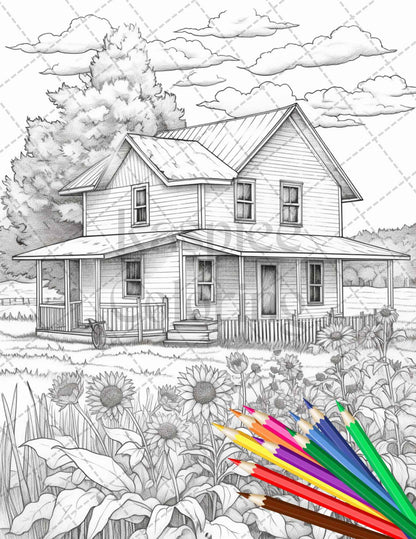 Charming Farmhouse Scenery Grayscale Coloring Pages Printable for Adults, PDF File Instant Download